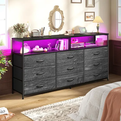 Vista 2 de Cómoda de 55 pulgadas de ancho para dormitorio con 9 cajones LED, tomas de corriente para TV de 65 pulgadas