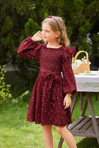 Vista 6 de GRACE KARIN Vestido de otoño para niñas, de manga larga, con volantes, escalonado, brillante, vestido de fiesta de invierno para niñas, talla 5-12