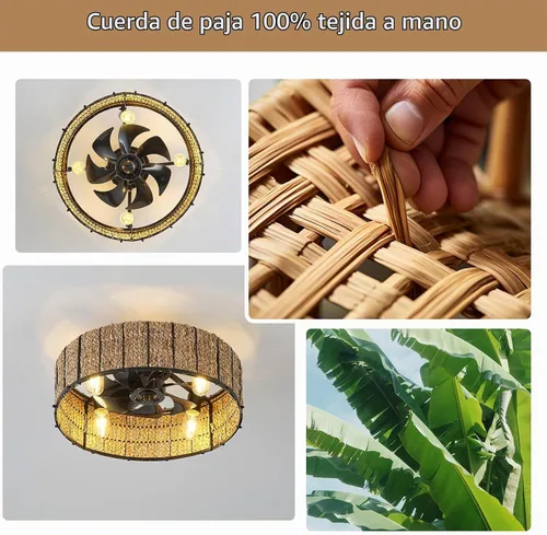 Vista 7 de Ganeed Ventilador de techo bohemio de 20 pulgadas con luz, ventilador de techo enjaulado de ratán tejido a mano con luz y control remoto, ventilador