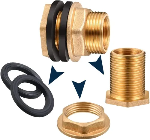 Vista 3 de Conector de tanque de agua de latón macizo macho de 1/2 pulgada hembra de 3/4 pulgadas, montaje de mamparo con 2 anillos de goma estabilizadores
