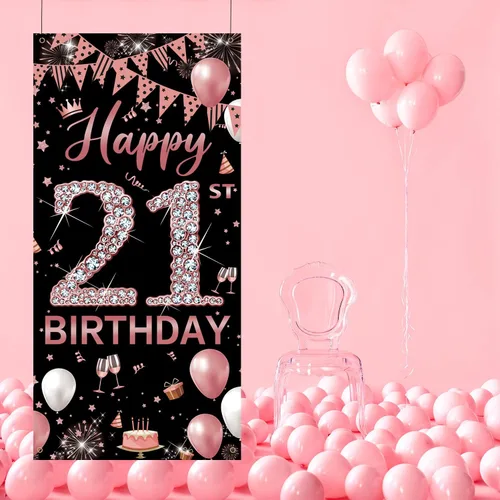 Vista 5 de Decoración de cumpleaños número 21 para puerta, decoración de feliz cumpleaños número 21 de oro rosa para ella, decoración de cartel de cubierta
