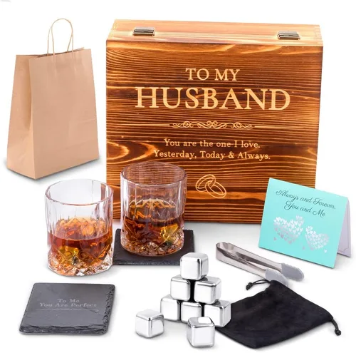 Vista 9 de Juego de vasos de whisky, juego de regalo de cumpleaños para hombre, piedras de whisky, vidrio de roca de bourbon con caja de regalo de madera