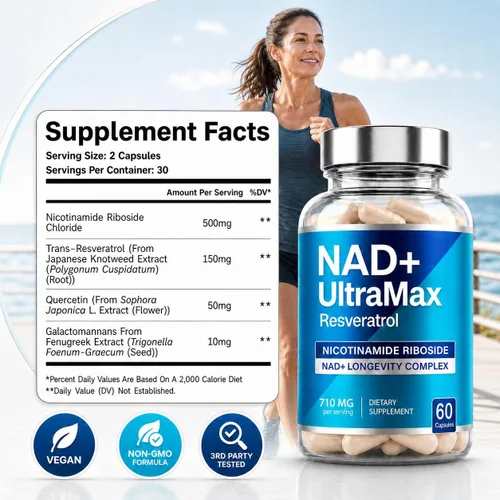 Vista 8 de UltraMax NAD+ Suplemento con resveratrol – Ribosida de nicotinamida (NR), quercetina y fenogreco de alta resistencia, 30 porciones Energía celular