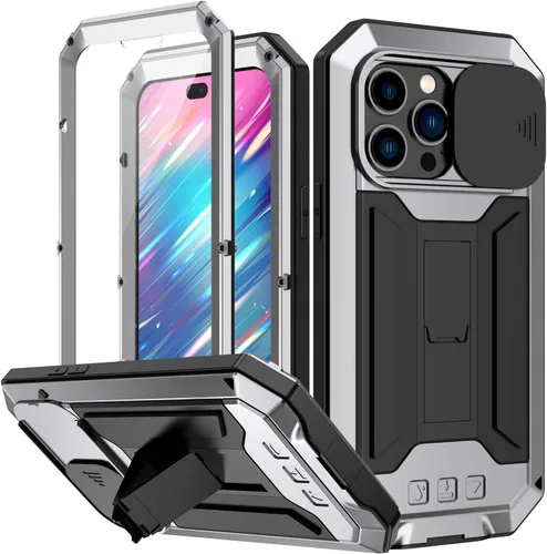 Vista 8 de Simicoo Funda compatible con iPhone 14 con protector de cámara de pantalla con función atril, resistente al agua, de metal militar, resistente