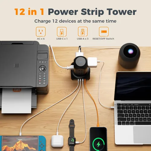 Vista 4 de Protector de sobretensiones negro en torre, TESSAN - Cable de extensión con enchufe plano de 10 pies con 8 salidas de CA y 4 puertos USB (1 USB C)