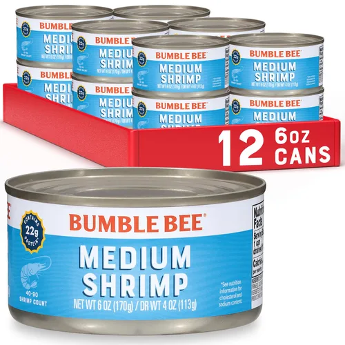 Vista 9 de Bumble Bee Camarones enlatados medianos, lata de 6 onzas, camarones en agua, cocidos, pelados, desvenados, 0.78 oz de proteína por porción, sin