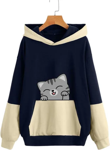 Vista 3 de Sudaderas para mujer, a la moda, con estampado de gato, de manga larga, con bloques de color, ropa de otoño