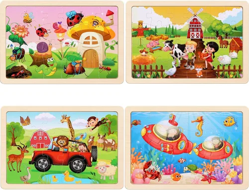 Vista 3 de Rompecabezas de madera para niños de 3 a 5 años, juego de 4 paquetes con 20 piezas de granja, rompecabezas de madera con temática de animales