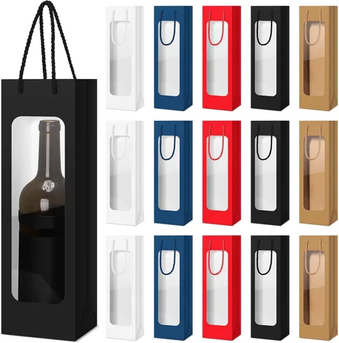 Vista 15 de Tioncy 24 bolsas de regalo de botella de vino individual de Navidad, bolsas de champán para bodas a granel con ventana transparente, cajas Negro