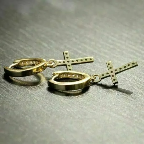 Vista 4 de TISHYA JEWELLERS Pendientes de aro colgantes con cruz de diamantes redondos de 2.00 quilates para hombre de oro amarillo de 14 quilates Fn, Piedra