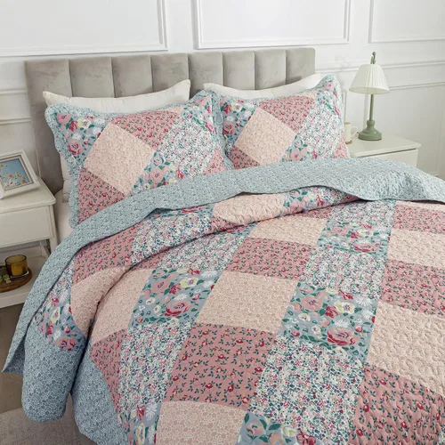 Vista 54 de Juego de cama de dos piezas, tamaño individual, de microfibra, reversible, de retazos, estilo floral, todas las estaciones, patrón de porcelana azul