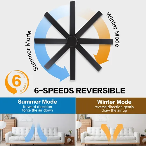 Vista 3 de WINGBO Ventiladores de techo CC grandes de 60 pulgadas sin luces, 3 varillas descendentes, 8 aspas de madera contrachapada, motor CC reversible de 6