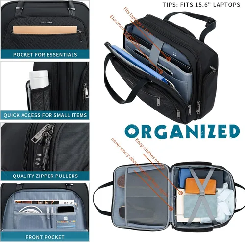 Vista 2 de EMPSIGN Bolsa con ruedas para laptop hombres/mujeres, 15.6 pulgadas, color Negro acolchado cruzado