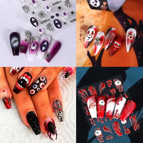 Vista 2 de Calcomanías de uñas de Halloween con diseños atractivos, 5D en relieve autoadhesivas, calcomanías de arte de uñas de Halloween, calavera, fantasma