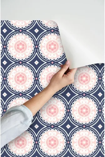 Vista 3 de Spoonflower Navy Pink White Pre-Pasted Removable Wallpaper Sample 12" x 24" Navy Pink White Circle Girls Room Self-adhesive, removable and