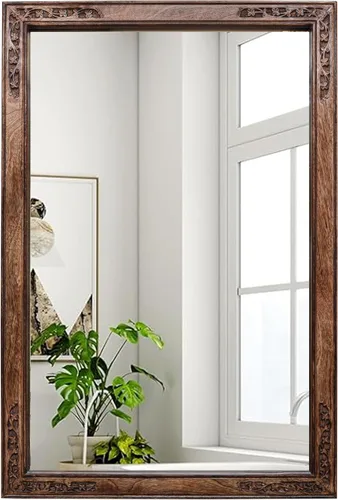 Vista 22 de Espejo de pared, espejo de tocador con marco de madera maciza, espejo de pared decorativo de granja para baño, dormitorio, sala de estar y entrada