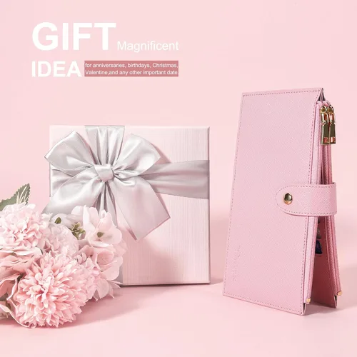 Vista 8 de Travelambo Billetera para mujer con bloqueo RFID plegable para múltiples tarjetas con bolsillo con cremallera, rosado (Pink Sakura), Minimalista
