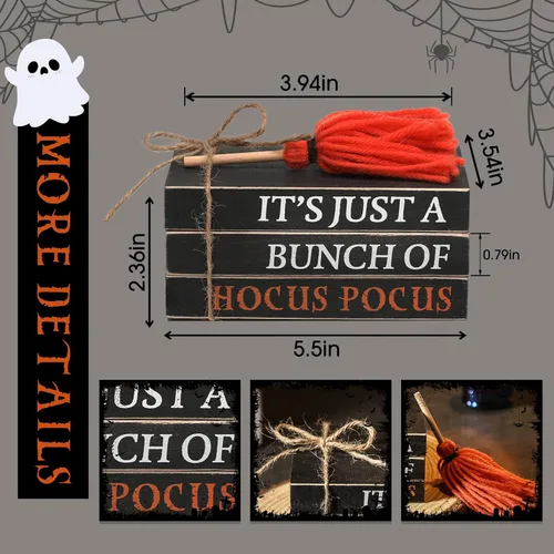 Vista 2 de Pila de libros de madera de Halloween, paquete de libros falsos Hocus Pocus, bandeja escalonada de Halloween para decoración de mesa del hogar