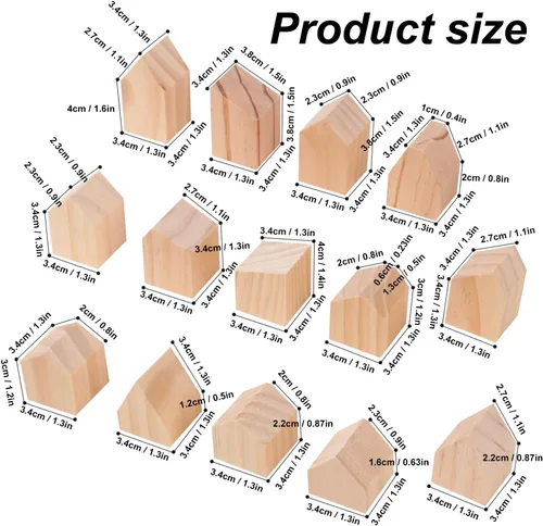 Vista 2 de 42 bloques de madera sin terminar en forma de casa, casas de madera para manualidades, bloques de madera con forma de flecha para bricolaje, estante