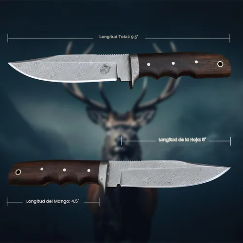 Vista 2 de Knives Ranch Cuchillo de Caza Artesanal de 9-1/2"- Cuchillo de Bushcraft y Campamento de Acero Damasco con Espiga Completa- Mango de Palisandro