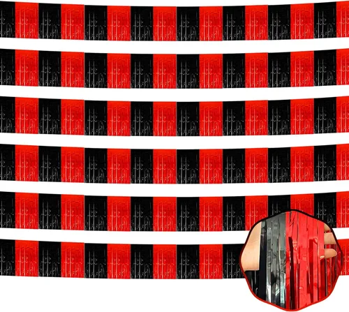 Vista 6 de Paquete de 6 guirnaldas de flecos de papel de aluminio negro de 10 pies con serpentinas metálicas de oropel para colgar en la pared, telón de fondo