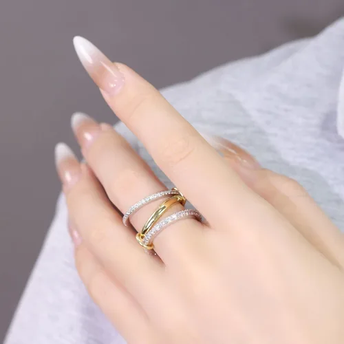 Vista 6 de Anillos apilables para mujer, chapados en oro de 18 quilates, juego de 3 anillos con circonita cúbica, juego de anillos plateados y dorados