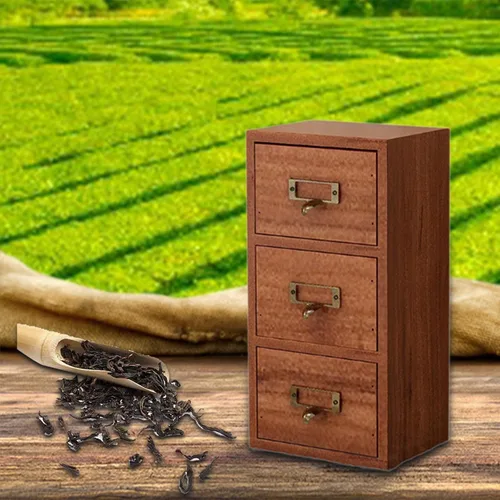 Vista 5 de Caja de almacenamiento de cajones de madera, organizador multiusos, gabinete de almacenamiento de té, compartimento de joyería, gabinete de mesa 3
