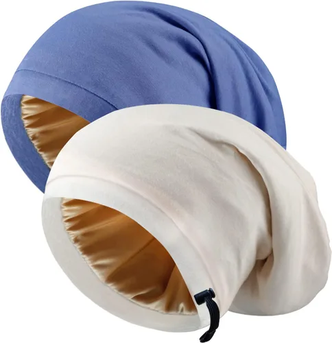 Vista 10 de 2 gorros de seda ajustables para dormir, gorro de dormir con forro de satén para mujeres y hombres, gorro de seda para el cabello holgado.