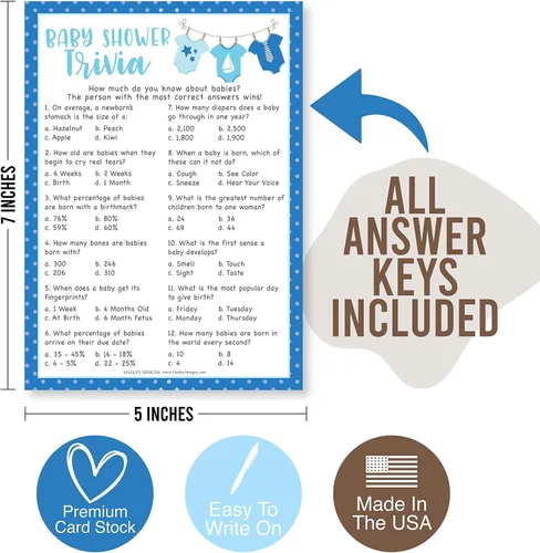Vista 5 de Hadley Designs Juegos de baby shower para 25 invitados – Juego de trivia Blue Clothesline Boy Baby Shower, Find The Guest Babyshower Game Boy