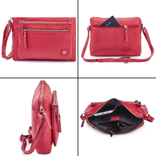 Vista 6 de Bolso cruzados pequeño y cartera de cuero auténtico granulado suave, bolso de hombro cruzado tipo bandolera de calidad prémium y triple cremallera