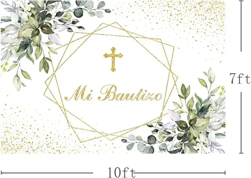 Vista 3 de MEHOFOND Mi Bautizo - Telón de fondo para fiesta de bautismo mexicano, suministros para primera comunión recién nacido, baby shower, fondo dorado