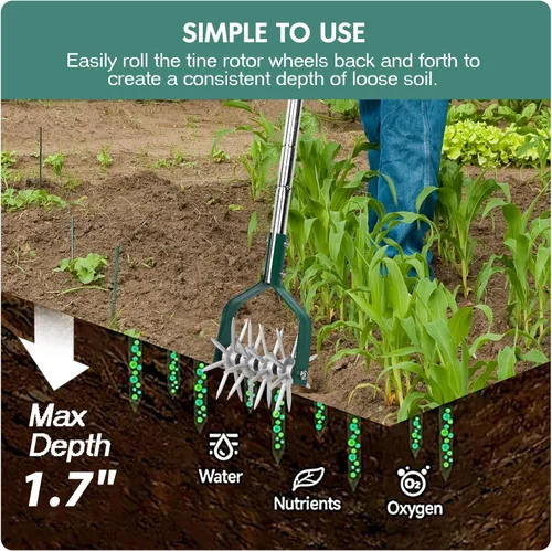 Vista 6 de YEELOR Herramienta de jardín de cultivador rotativo con engranajes de aluminio duraderos Manual Tiller, 57″ long handle, loosens soil, mixes in