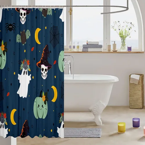 Vista 3 de Cortina de ducha gótica de Halloween con diseño de fantasmas de dibujos animados, farol de calabaza, juego de cortina de ducha de 72 pulgadas