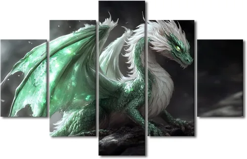 Vista 67 de Lienzo decorativo para pared de sala de estar, lienzo de dragón, 5 paneles, dragón verde, decoración de pared para el hogar, decoración de pared