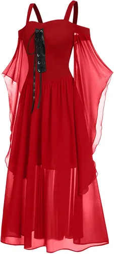 Vista 3 de Vestidos de Halloween para mujer, vestido gótico punk, hombros descubiertos, manga de mariposa, con cordones, vestido de fiesta de cosplay 2023