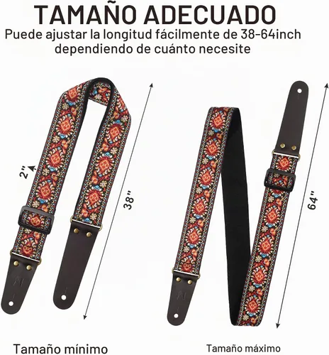 Vista 7 de Nefelibata Correa de guitarra, correas de guitarra de algodón bordadas con extremos de cuero de vaca para bajo, guitarras eléctricas y acústicas