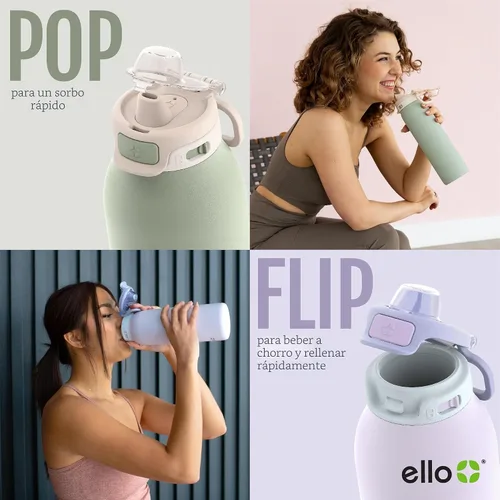 Vista 5 de Ello Pop & Fill botella de agua de acero inoxidable de 22 onzas con tecnología de llenado rápido, metal de doble pared y aislado al vacío, tapa