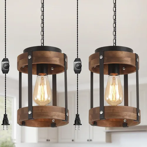Vista 8 de Lámpara Colgante Rústica de Granja con Enchufe con Cadena Ajustable, Interruptor Regulable, Jaula de Tambor de Madera de Roble y Metal, Mini Lámpara