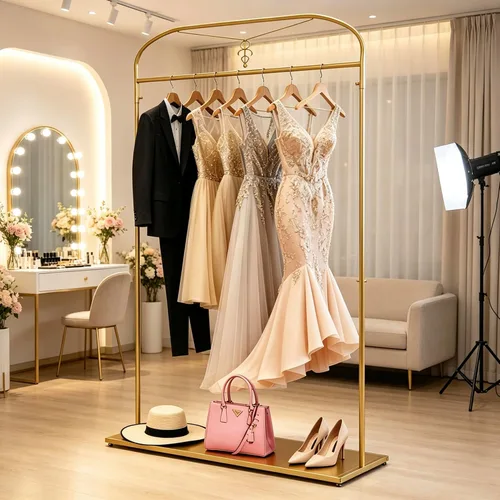 Vista 7 de 91" estante alto de la ropa del oro con los estantes, estante largo del vestido de la ejecución Estantes de ropa nupcial, organizador para tienda