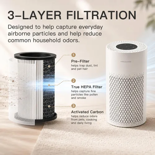 Vista 3 de MegaWise Purificador de aire silencioso de escritorio con 3 velocidades para oficina en casa, filtro HEPA verdadero con sensor inteligente