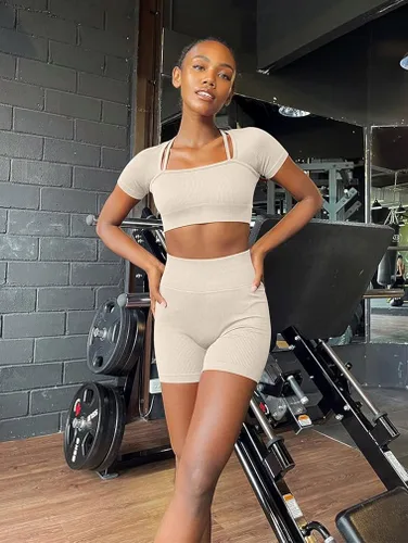 Vista 4 de GXIN Conjunto de entrenamiento para mujer, 2 piezas, acanalado, manga corta, cuello cuadrado, sexy, casual, cintura alta, pantalones cortos