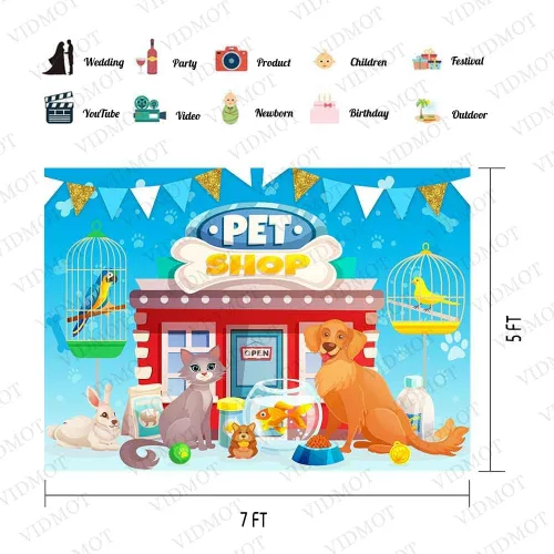 Vista 4 de Fondo de animales de perro y gato de 7 x 5 pies, fondo de tienda de mascotas de dibujos animados para baby shower, fiesta de cumpleaños, decoración