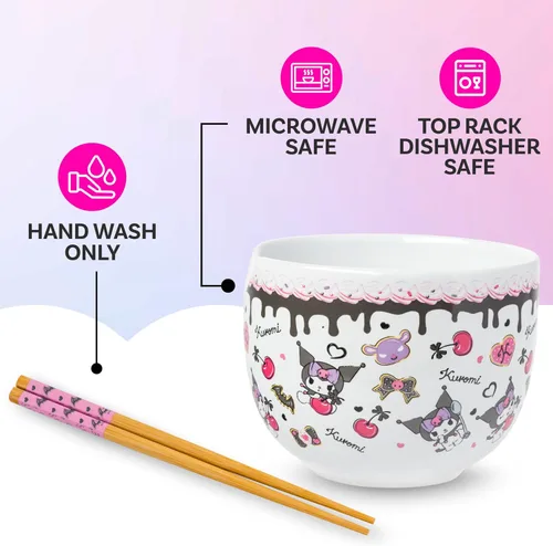 Vista 30 de Silver Buffalo Hello Kitty y sus amigos Chococat - Tazón de cerámica para ramen y arroz con palillos, patrón a cuadros, apto para microondas, 20