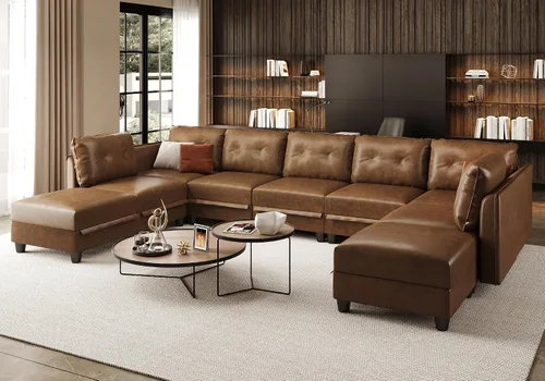 Vista 17 de LLappuil Sofá modular de piel sintética de 9 plazas con almacenamiento, sofá cama convertible en forma de U con diván, impermeable y agradable al