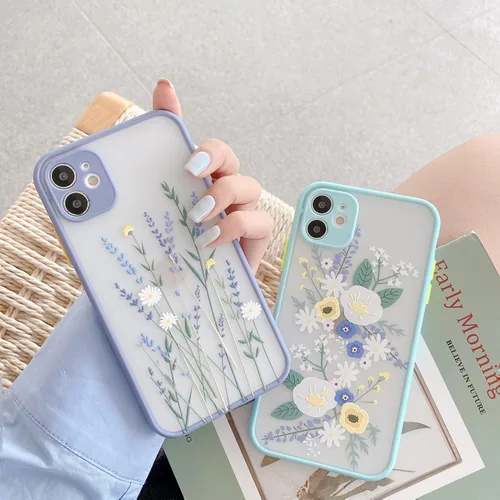 Vista 6 de Ownest Funda compatible con iPhone 11 para iPhone 11 con diseño de flores, transparente esmerilado, parte trasera de policarbonato floral, para Azul