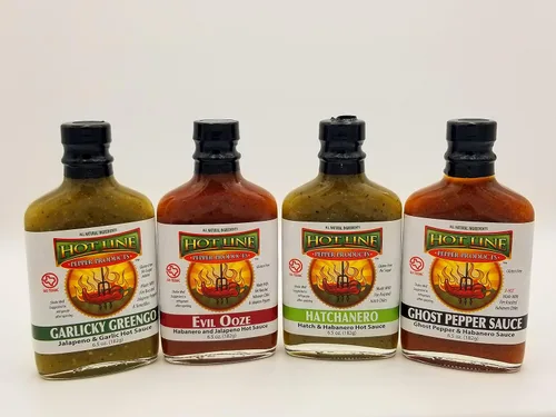 Vista 2 de HOT LINE PEPPER PRODUCTS Salsas picantes gourmet (2) Evil Ooze, 2) Fantasma, 4 unidades)