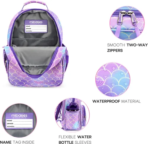 Vista 6 de mibasies - Mochila para niños y niñas, mochila ideal para niños en preescolar y jardín de infantes, Cola de sirena, 9L