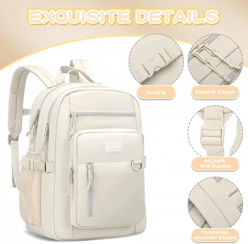 Vista 4 de PRAGARI Mochila para niños para la escuela, bonita mochila estética para niñas, mochila para estudiantes, bolsa de libros ligera de viaje para Beige