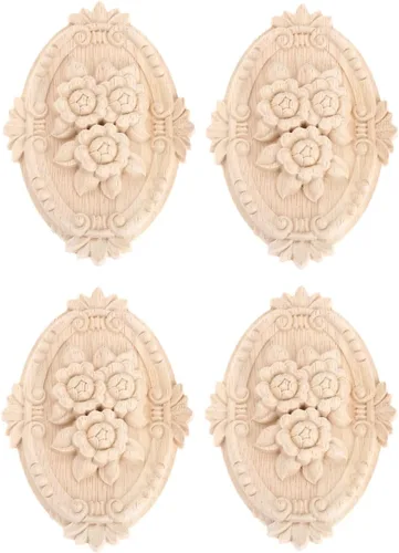 Vista 10 de Apliques de madera, adornos decorativos de madera, adornos tallados en rosas para muebles, calcomanías ovaladas de talla central para puerta 1
