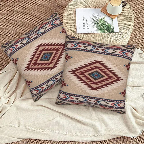 Vista 2 de Juego de 2 fundas de almohada de estilo étnico vintage, estampado geométrico azteca, étnico, tribal, para dormitorio, sala de estar, sofá